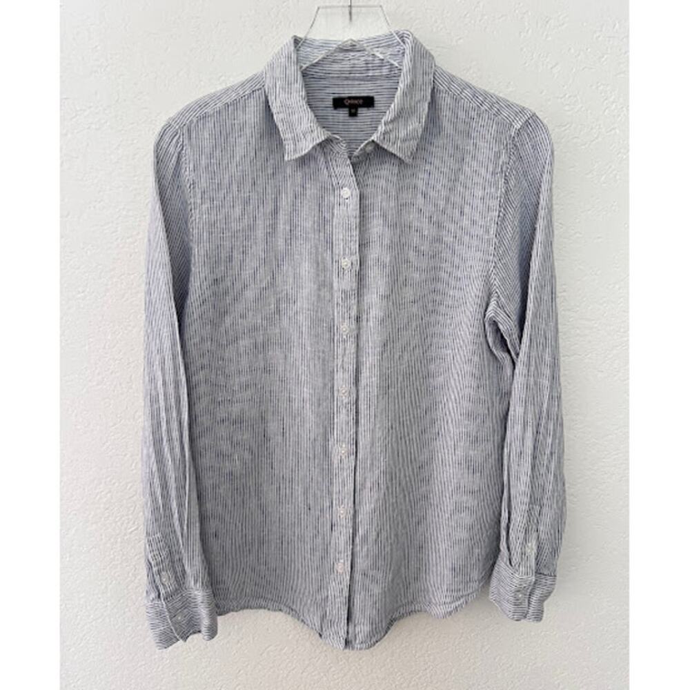 Quince 100% European Linen Long Sleeve Shirt M Blue Pinstripe Women's Top - Picture 2 of 8